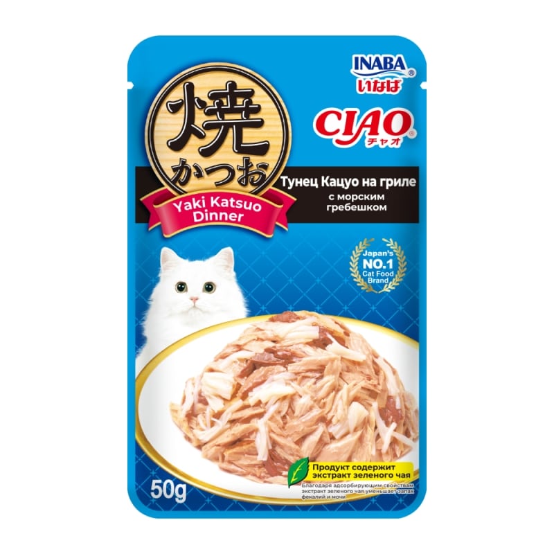 INABA Влаж корм д/кошек Yaki Katsuo Dinner Тунец Кацуо на гриле с морским гребешком пауч 50г INABA Влаж корм д/кошек Yaki Katsuo Dinner Тунец Кацуо на гриле с морским гребешком пауч 50г