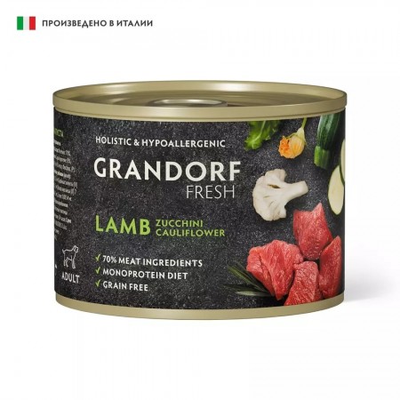 Монопротеиновый влажный корм GRANDORF FRESH из ягненка с цукини и цветной капустой для собак всех пород, 200 гр