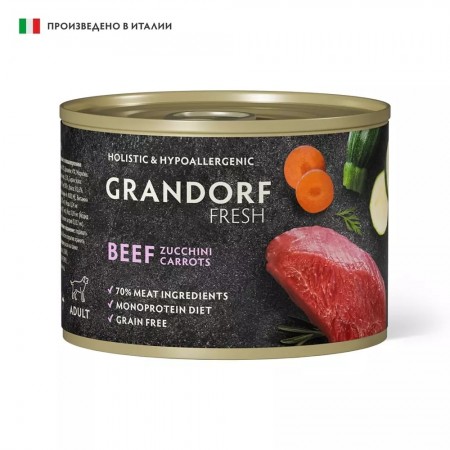 Монопротеиновый влажный корм GRANDORF FRESH из говядины с цукини и морковью для собак всех пород, 200 гр