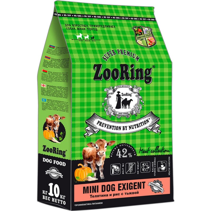 Купить Сухой корм ZOORING MINI DOG EXIGENT для привередливых взрослых собак маленьких пород с телятиной, рисом, тыквой, 10 кг ZooRing в Калиниграде с доставкой (фото)