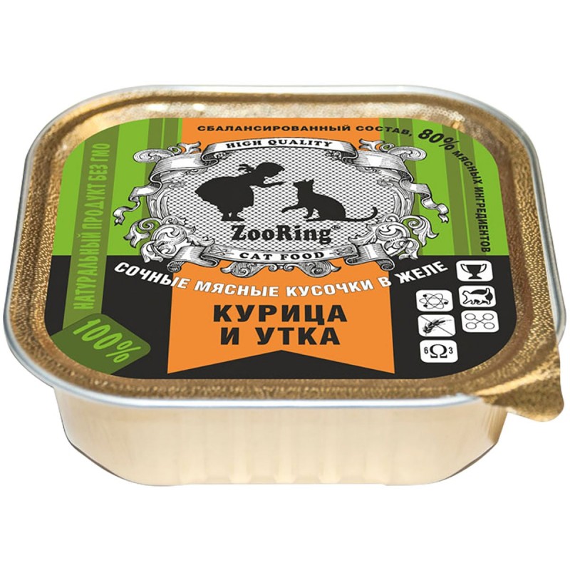 Купить Корм консервированный для взрослых кошек ZooRing Курица и утка, Кусочки в желе, 100 г ZooRing в Калиниграде с доставкой (фото)