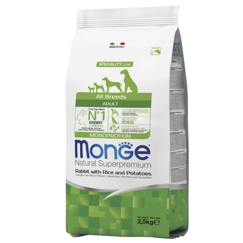 Сухой корм Monge Dog Monoprotein для собак всех пород кролик с рисом и картофелем 2,5 кг