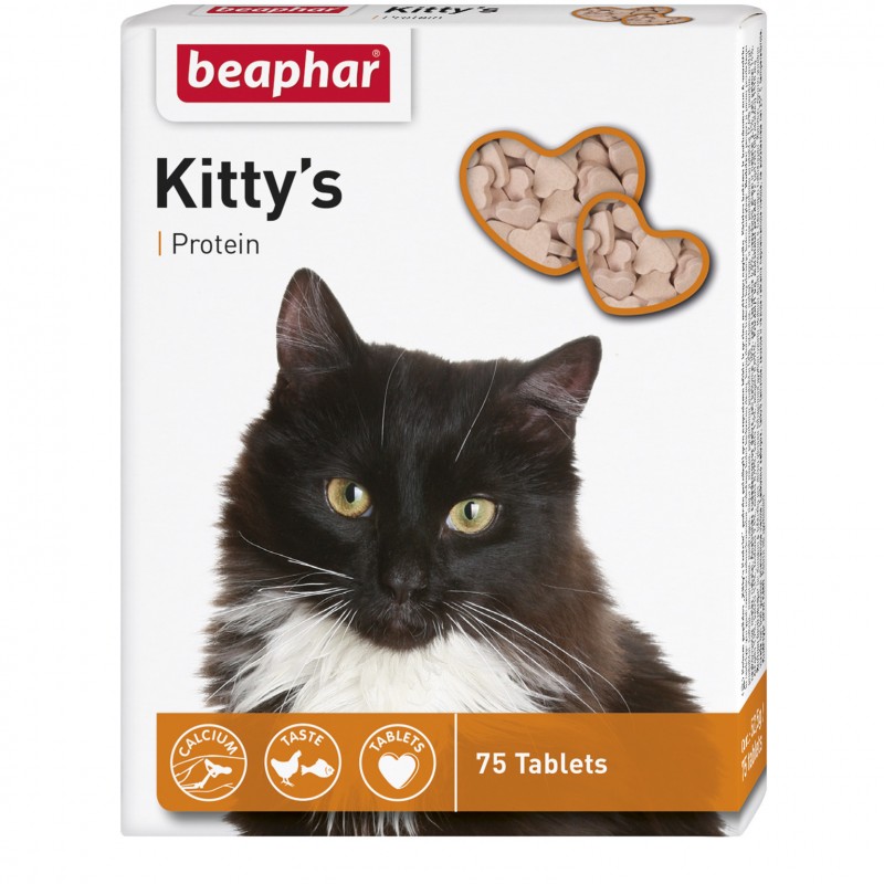Кормовая добавка BEAPHAR Kitty's + Protein витаминизированное лакомство с протеином, поддержка иммунной системы, для кошек 75 таблеток