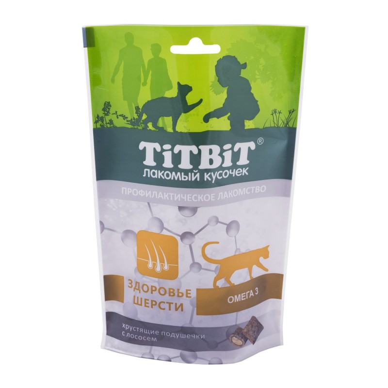 Купить Лакомство для кошек TITBIT Хрустящие подушечки для здоровья шерсти с лососем 60г Titbit в Калиниграде с доставкой (фото)