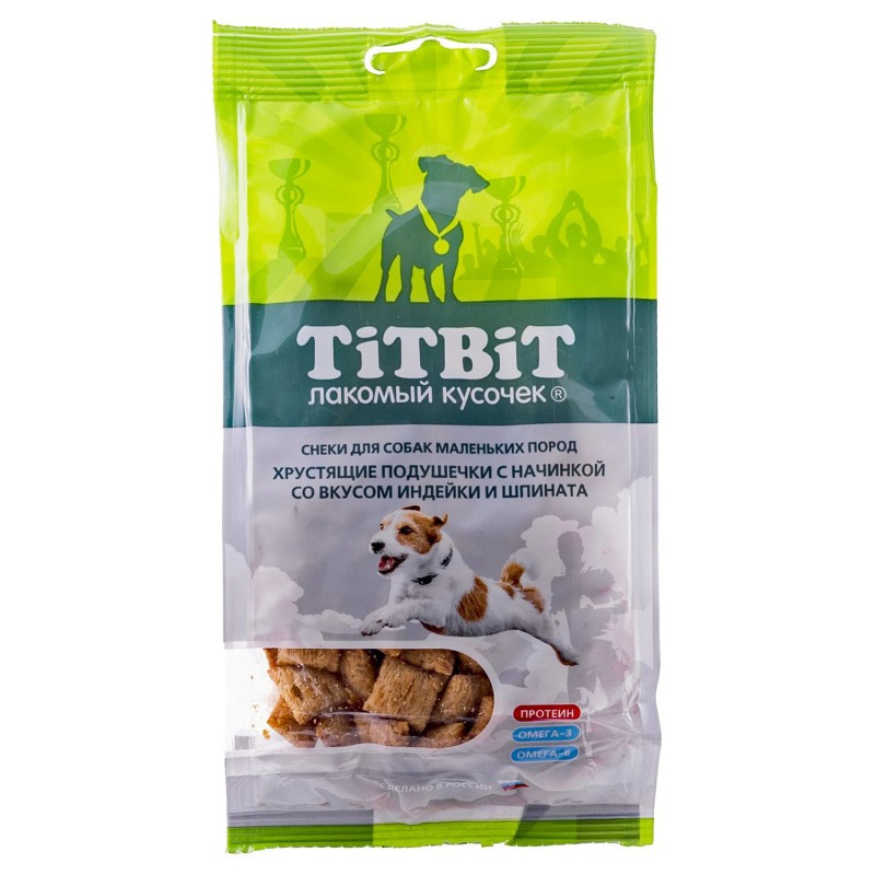 Купить Лакомство для собак маленьких пород TITBIT Хрустящие подушечки с начинкой индейка и шпинат 95 г Titbit в Калиниграде с доставкой (фото)