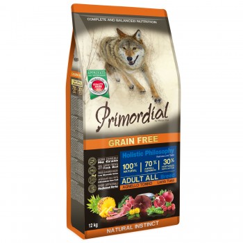 Беззерновой корм Primordial (30/19) с ягнёнком и тунцом для взрослых собак всех пород 12 кг