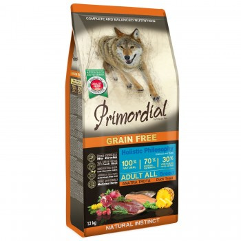 Беззерновой корм Primordial (30/19) с уткой и форелью для взрослых собак всех пород 12 кг