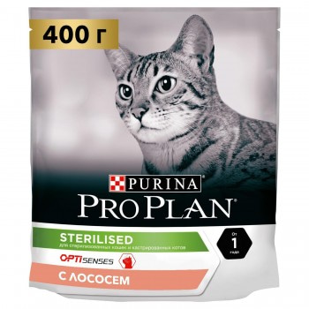 Purina Pro Plan OPTISENSES для стерилизованных кошек и кастрированных котов, с лососем, 400 гр