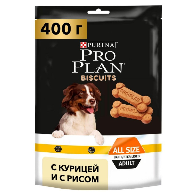 Лакомство Purina Pro Plan Biscuits для склонных к избыточному весу или стерилизованных собак, с курицей и рисом, 400 г