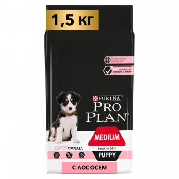Purina Pro Plan OPTIDERMA для щенков средних пород с чувствительной кожей, лосось с рисом, 1,5 кг
