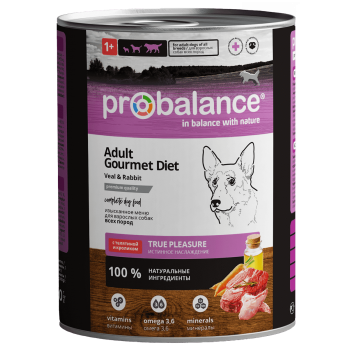 Консервы для собак Probalance Gourmet Diet, с телятиной и кроликом, 850г