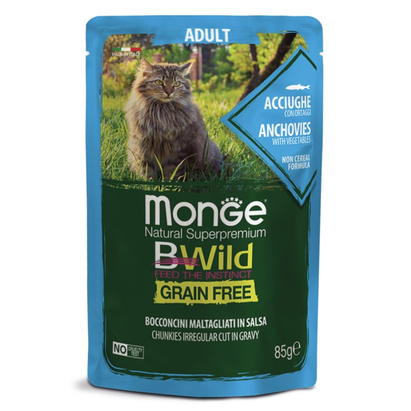 Влажный корм Monge Cat BWild GRAIN FREE паучи из анчоусов с овощами для взрослых кошек 85г
