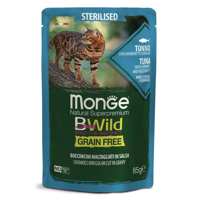Влажный корм Monge Cat BWild GRAIN FREE из тунца с креветками и овощами для стерилизованных кошек 85г