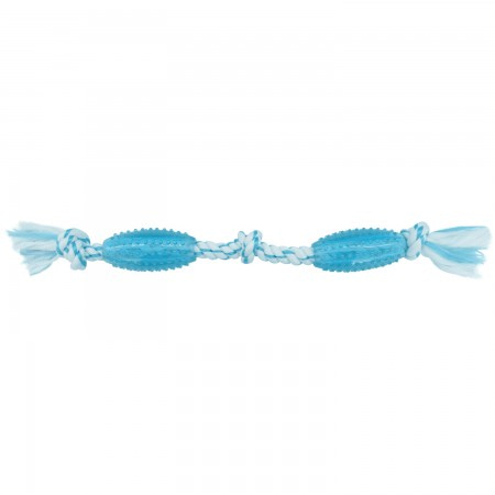 CanineClean игрушка для собак 2 Регби синтетическая резина с канатом 35 см с ароматом мяты, голубой