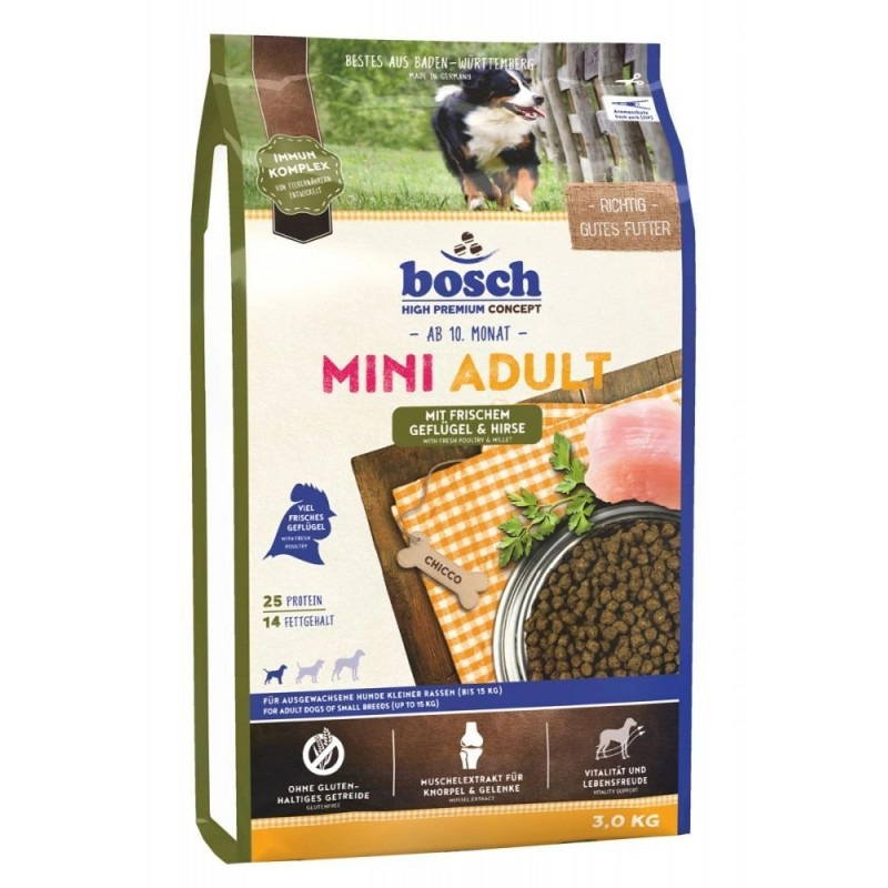 Сухой корм для взрослых собак маленьких пород Bosch Mini Adult Poultry & Millet птица и просо (Бош Мини Эдалт Птица Просо) 3 кг