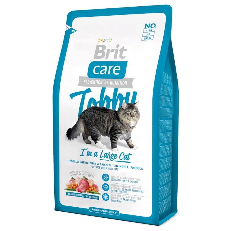 Сухой гипоаллергенный беззерновой безглютеновый корм Brit Care Cat Tobby для взрослых кошек крупных пород, с уткой и курицей, 2 кг
