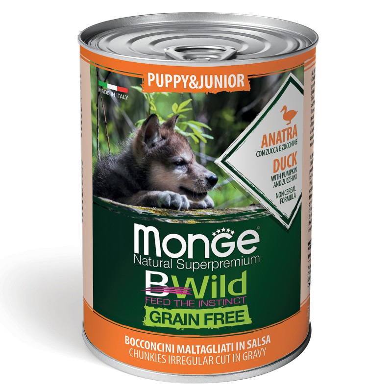 Влажный беззерновой корм (консервы) Monge BWild Dog Grain Free Puppy&Junior Anatra из утки с тыквой и кабачками для щенков всех пород 400 гр