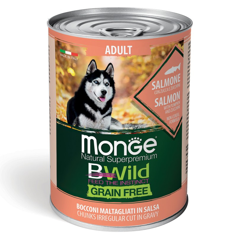 Влажный беззерновой корм (консервы) Monge BWild Dog Grain Free All Breeds Adult Salmone из лосося с тыквой и кабачками для собак всех пород 400 гр