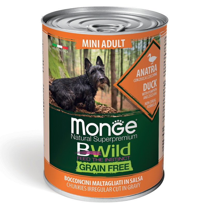 Влажный беззерновой корм (консервы) Monge BWild Dog Grain Free Mini Adult Anatra из утки с тыквой и кабачками для собак мелких пород 400 гр