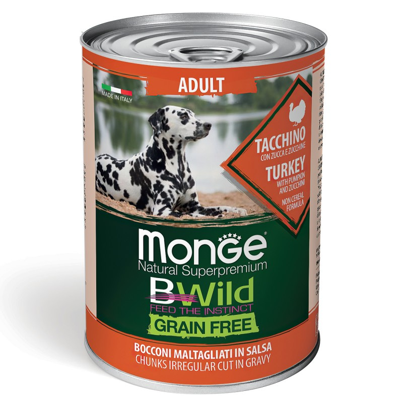 Влажный беззерновой корм (консервы) Monge BWild Dog Grain Free All Breeds Adult Tacchino из индейки с тыквой и кабачками для собак всех пород 400 гр