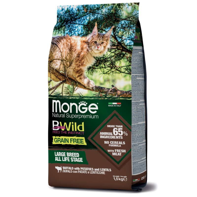 Сухой беззерновой корм Monge BWild Cat GRAIN FREE из мяса буйвола для крупных кошек всех возрастов 1,5 кг