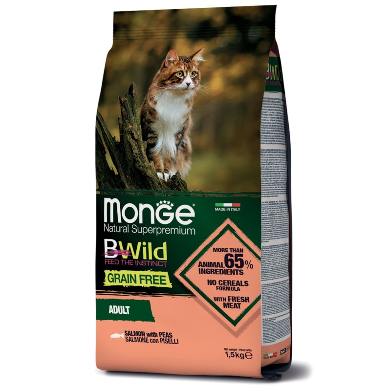 Сухой беззерновой корм Monge Bwild Cat Grain Free Salmone Con Piselli из лосося и гороха для взрослых кошек 1,5 кг