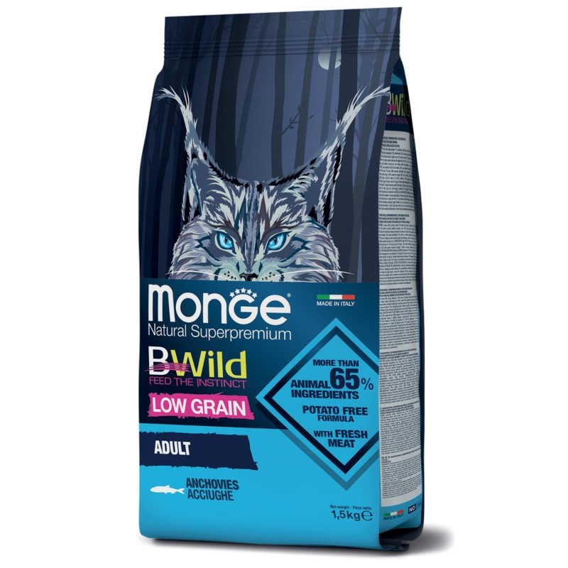 Сухой корм с низким содержанием злаков Monge Superpremium Cat Bwild Low Grain Adult Anchovies с анчоусами для взрослых кошек 1,5 кг