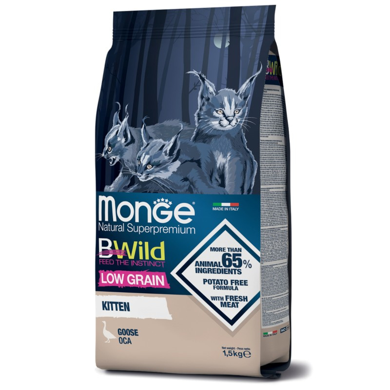 Сухой корм с низким содержанием злаков Monge Cat BWild LOW GRAIN Kitten из мяса гуся для котят 1,5 кг