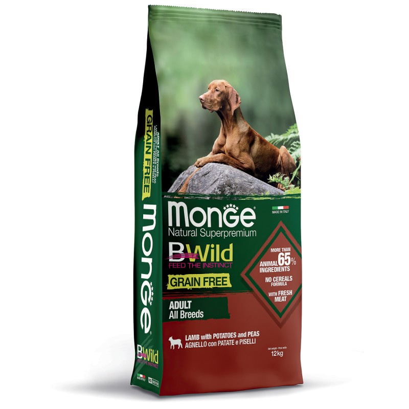 Сухой беззерновой корм Monge Dog BWild GRAIN FREE All Breeds Adult Agnello из мяса ягненка с картофелем и горохом для взрослых собак всех пород 12 кг
