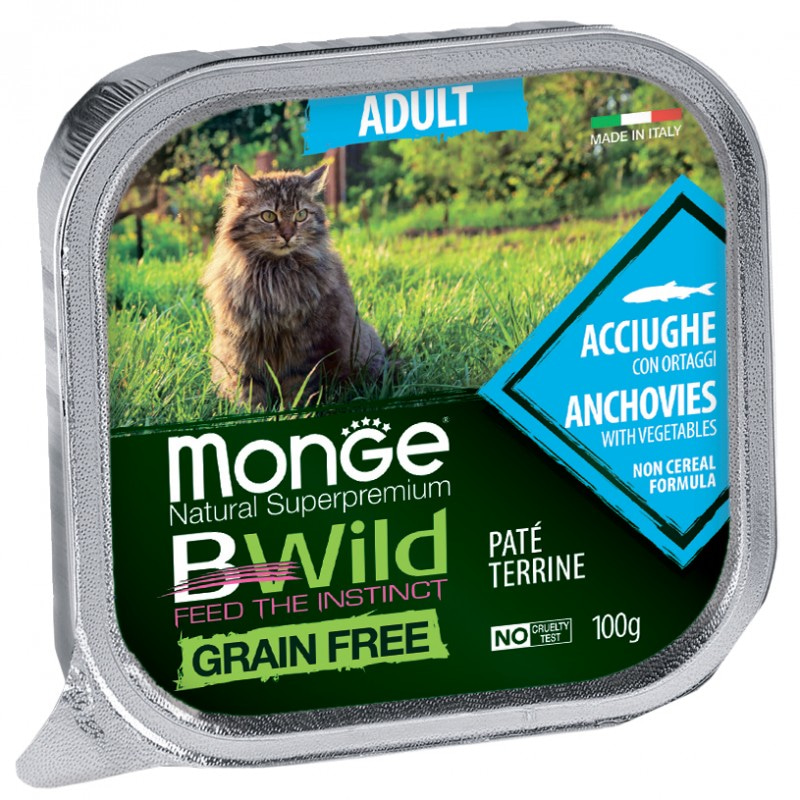 Беззерновой влажный корм (консервы) Monge BWild Cat Grain Free Paté terrine Acciughe из анчоуса с овощами для взрослых кошек 100 гр