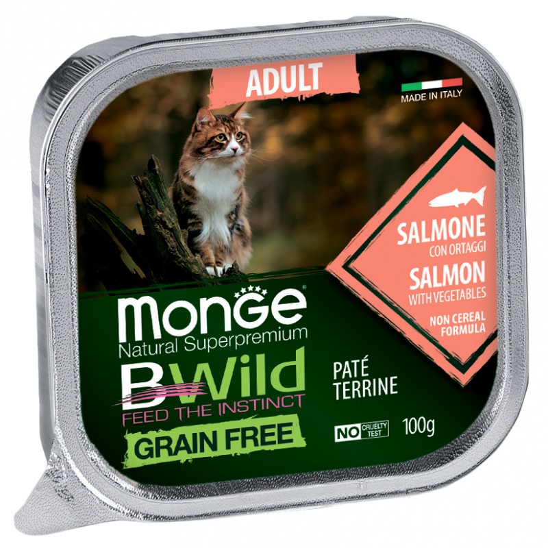 Беззерновой влажный корм (консервы) Monge BWild Cat Grain Free Paté terrine Salmone из лосося с овощами для взрослых кошек 100 гр