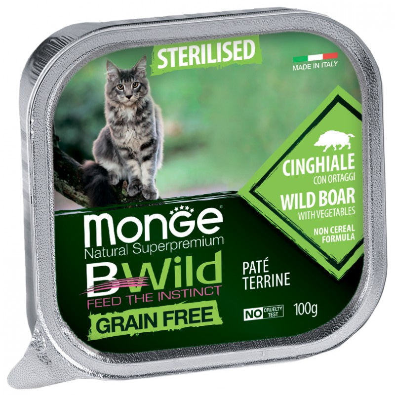 Беззерновой влажный корм (консервы) Monge BWild Cat Grain Free Paté terrine Cinghiale из мяса кабана с овощами для стерилизованных кошек 100 гр