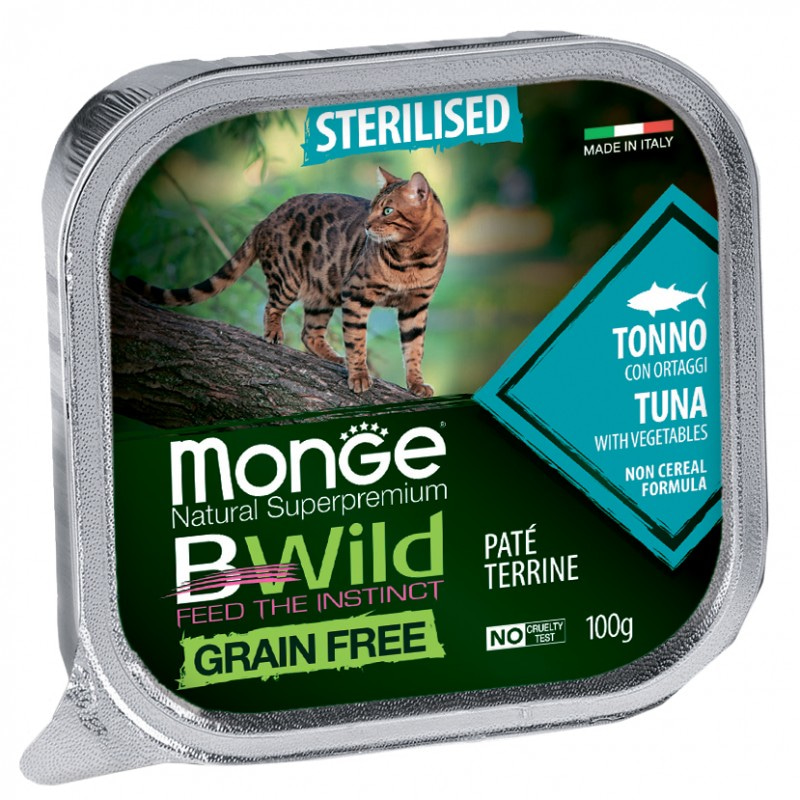 Беззерновой влажный корм (консервы) Monge BWild Cat Grain Free Paté terrine Tonno из тунца с овощами для стерилизованных кошек 100 гр