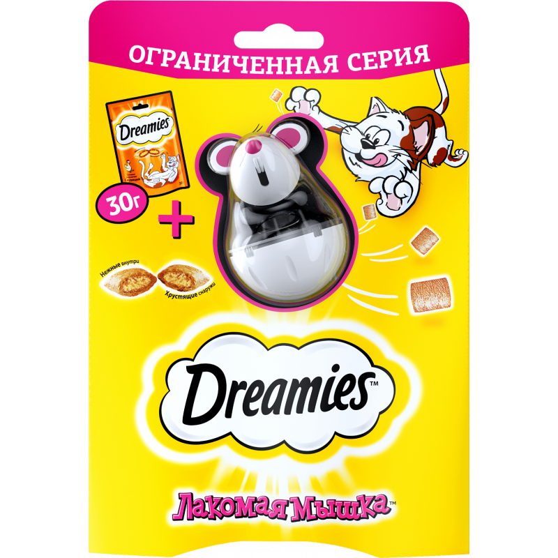 Лакомство Dreamies (Дримис), подушечки с курицей + мышка, для кошек, 30 г