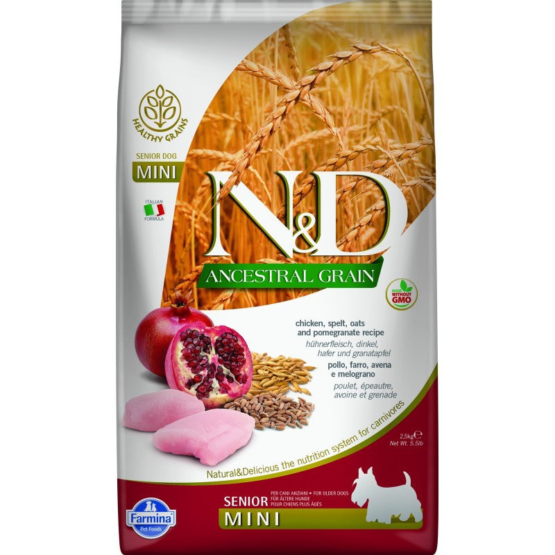 Низкозерновой корм для пожилых собак мелких пород Farmina N&D Ancestral Grain Canine Chicken & Pomegranate Senior mini Спельта, овес, курица, гранат 2.5 кг