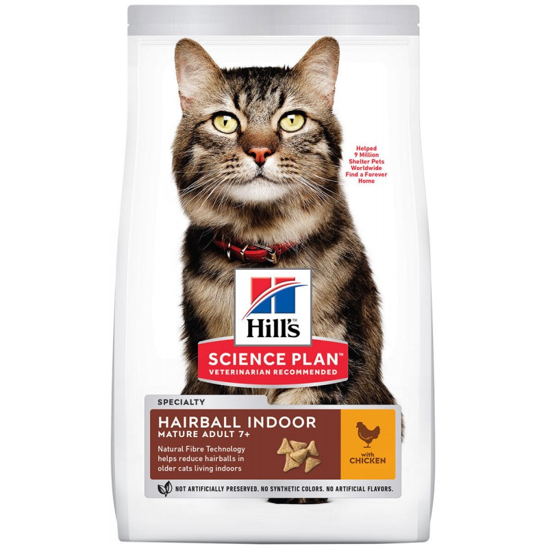 Hill's Science Plan Feline Mature Adult 7+ Hairball Indoor для пожилых кошек старше 7 лет живущих дома для вывода шерсти 1,5 кг