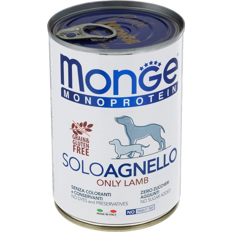 Монопротеиновые консервы для собак Monge "Monoproteico Solo" SOLO AGNELLO Only Lamb, паштет из ягненка, 400 г