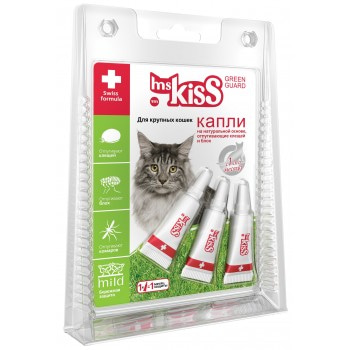 Капли репеллентные от блох, клещей и комаров Ms.KISS для крупных кошек, 3х2,5 мл