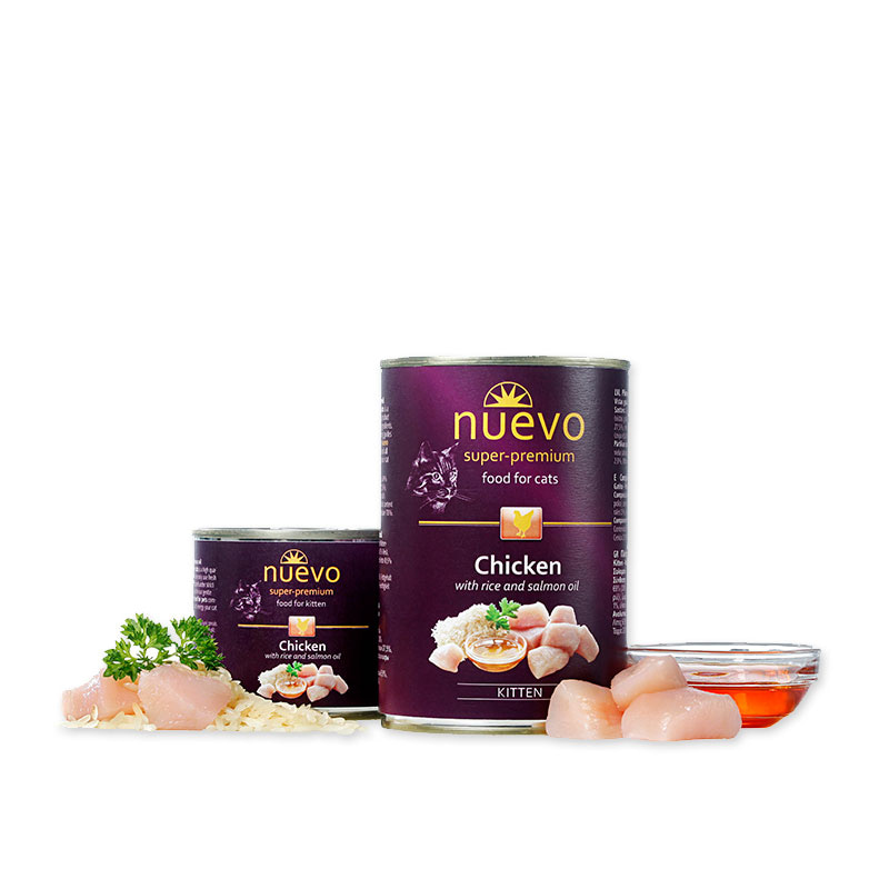 Влажный корм (консервы) для котят Нуэво NUEVO Chicken with rice and salmon oil с курицей рисом и лососевым жиром 200 гр