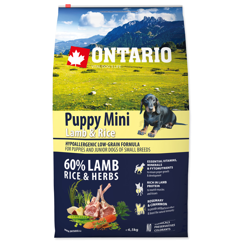 Сухой корм Супер Премиум класса Ontario Puppy Mini Lamb & Rice для нормально активных щенков собак малых пород с мясом ягненка 750 гр