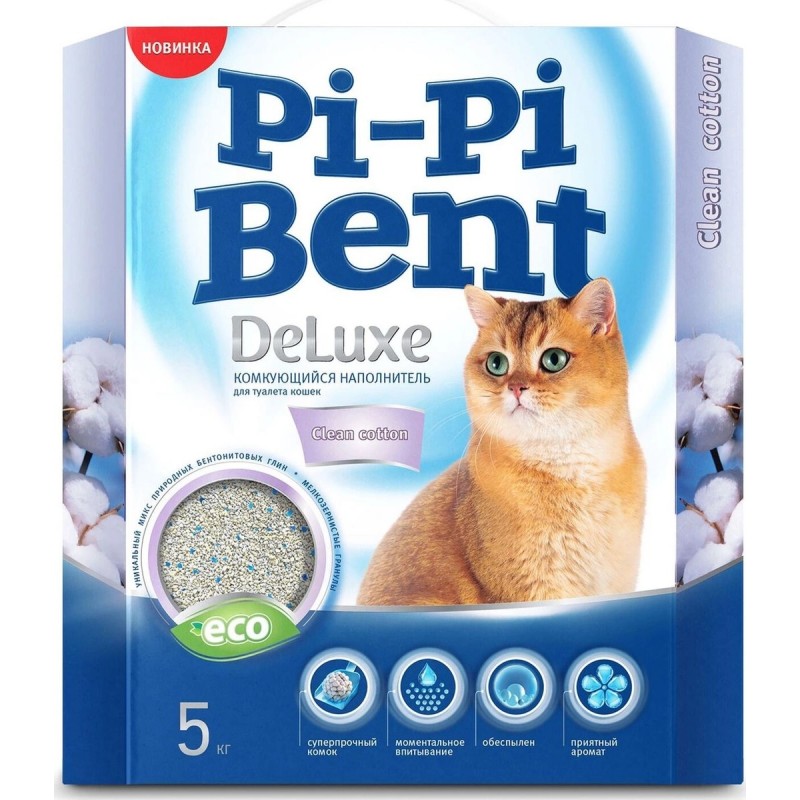 Наполнитель для кошачьего туалета Pi-Pi Bent DeLuxe Clean Cotton (Чистый хлопок) бентонитовый, комкующийся, 5 кг (12 л)