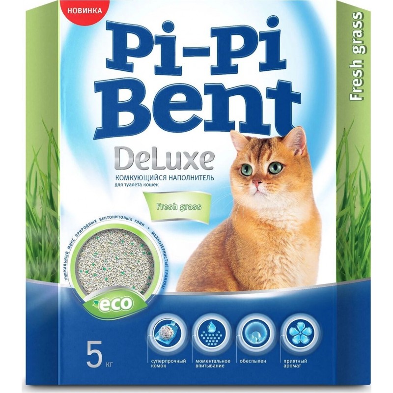 Наполнитель Pi-Pi Bent DeLuxe Fresh Grass (Свежая трава), комкующийся, 5 кг (12 л)