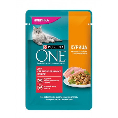 Консервы Purina One для стерилизованных кошек и кастрированных котов, с курицей и зеленой фасолью, 75 г