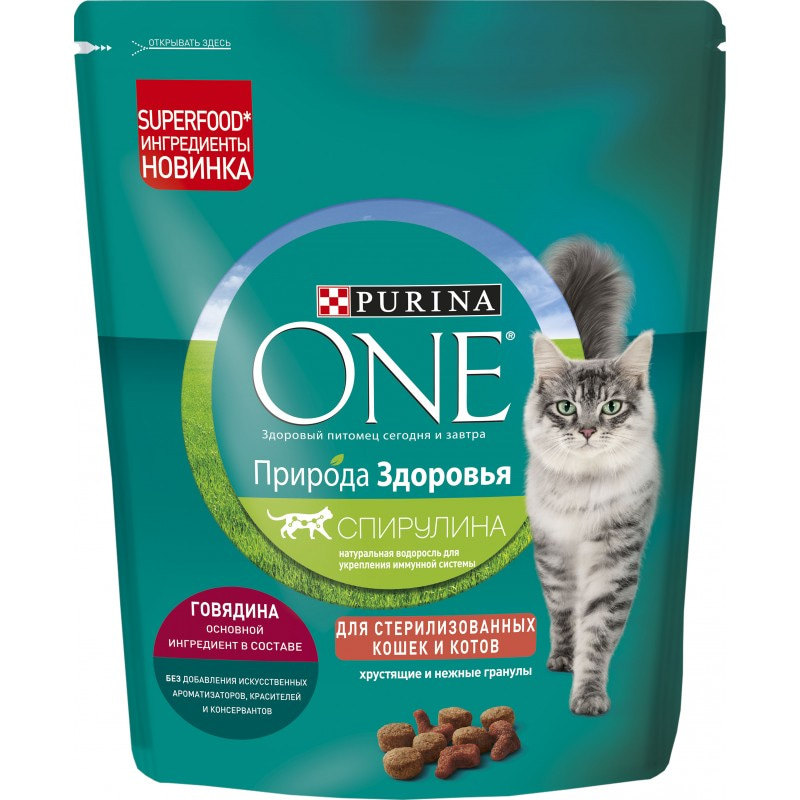 Сухой корм Purina One Природа Здоровья для стерилизованных кошек и кастрированных котов, с высоким содержанием говядины 180 г