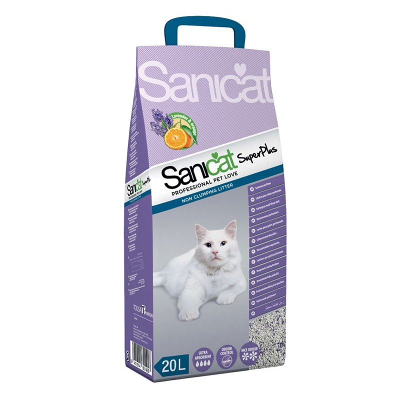 Впитывающий глиняный наполнитель для кошачьего туалета Sanicat Super Plus с ароматом апельсина и лаванды 20 л