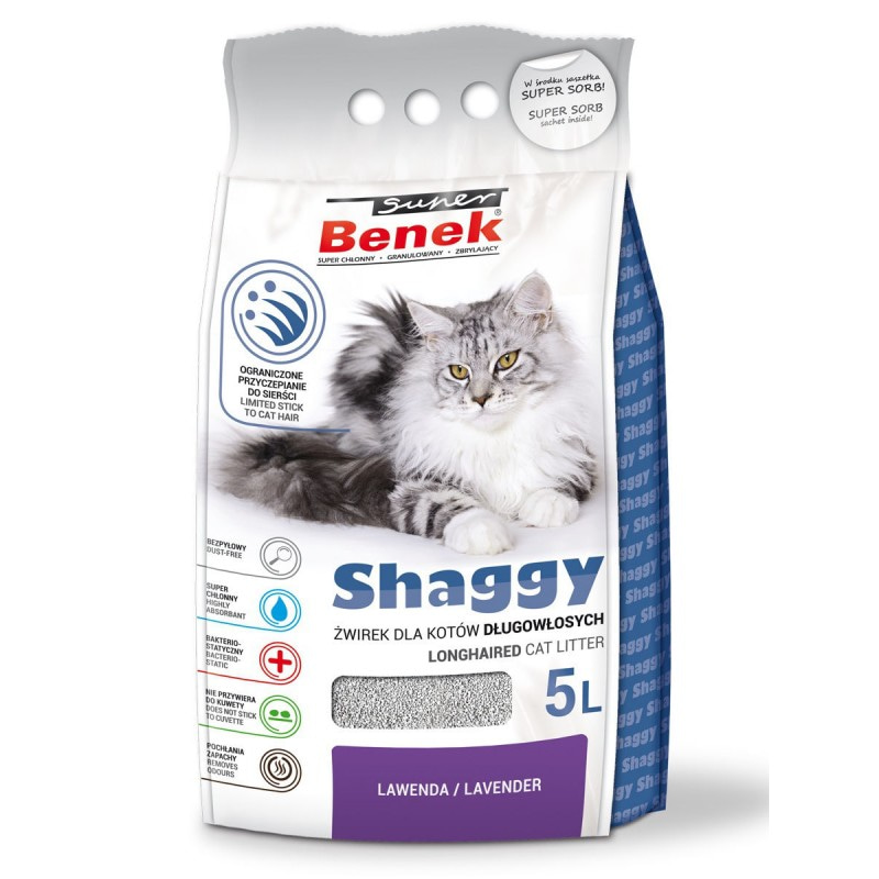 Наполнитель для кошачьих туалетов Super Benek Shaggy Лаванда, для длинношерстных кошек, комкующийся, 5 л