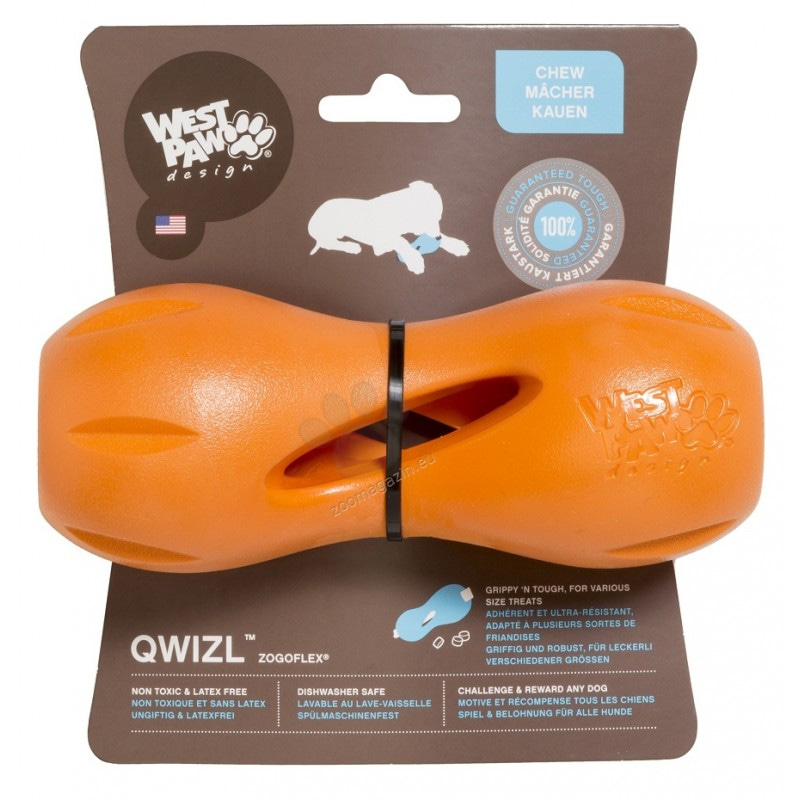 West Paw Zogoflex игрушка для собак гантеля под лакомства Qwizl S 14x6 см оранжевая