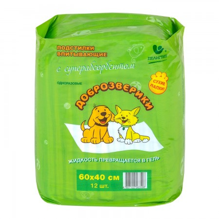 Доброзверики подстилки впитывающие для животных с суперабсорбентом 60х40 см, 12 шт