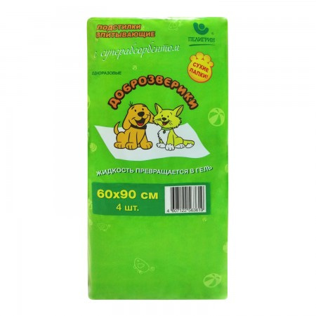 Доброзверики подстилки впитывающие для животных с суперабсорбентом 60х90 см, 4 шт