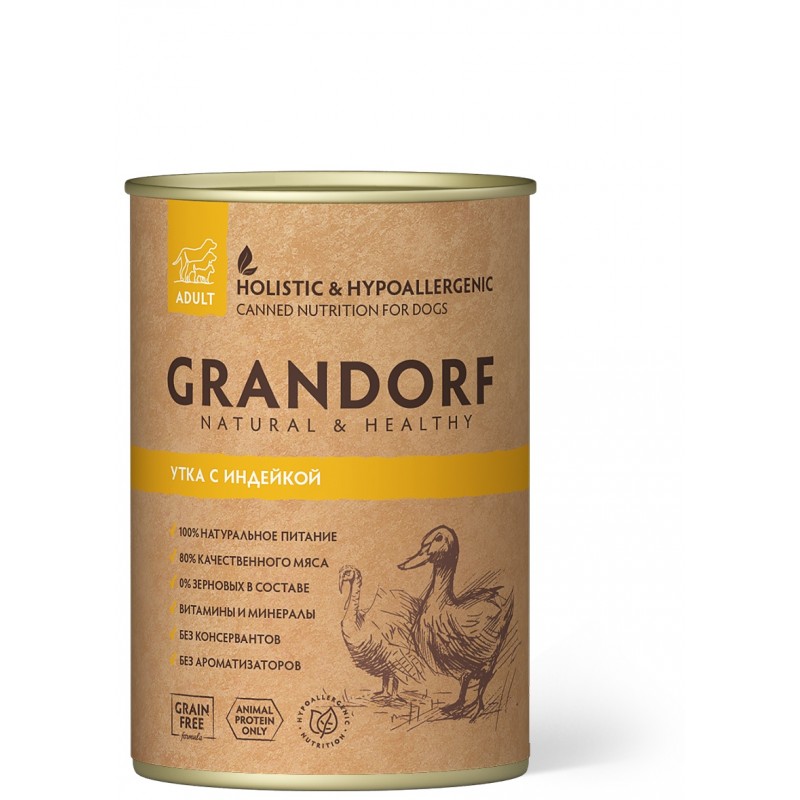 Grandorf влажный корм для взрослых собак всех пород, утка и индейка в желе